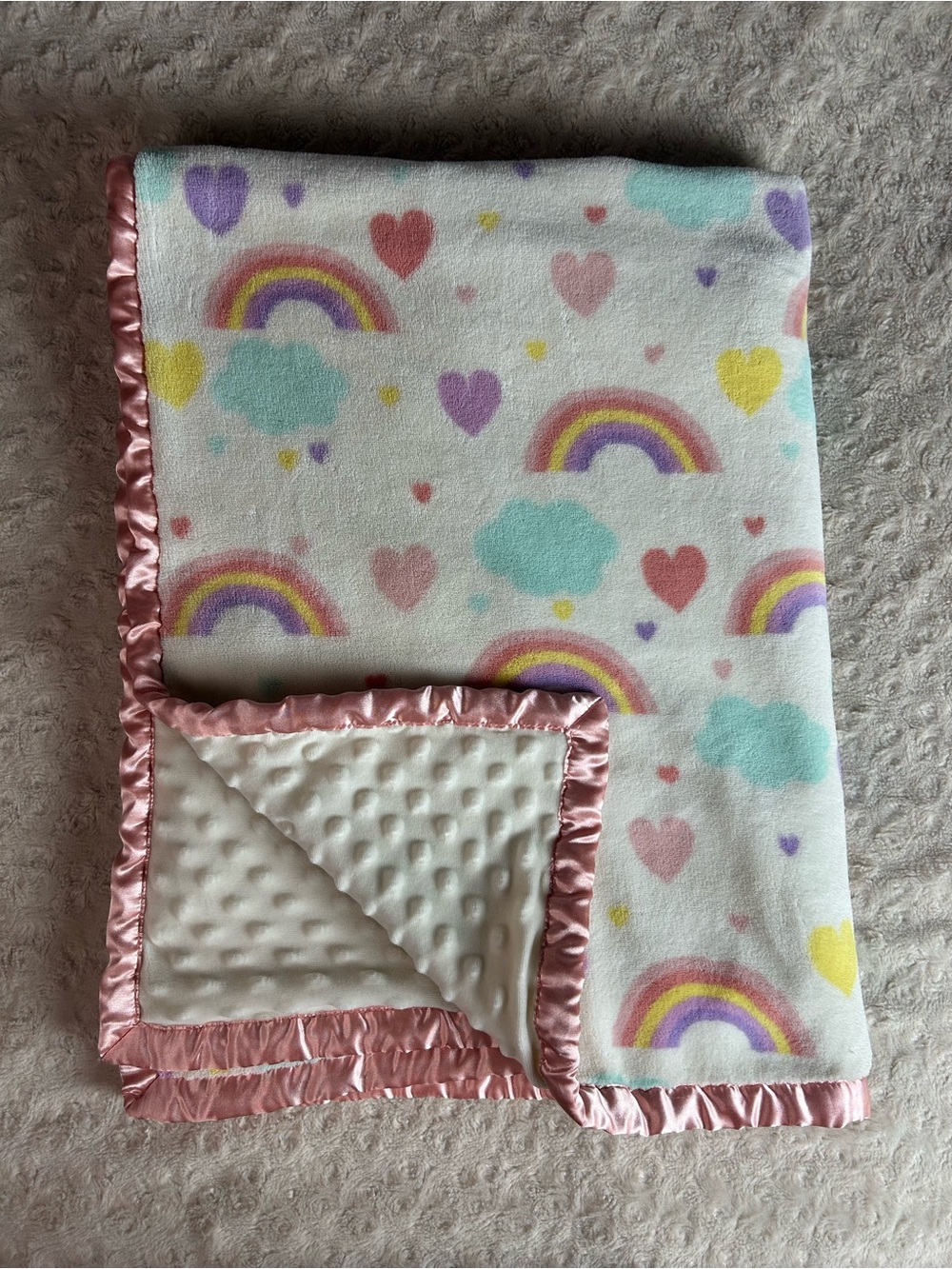Walmart Pink Rainbow Heart Baby Blanket White Yellow Silky Satin Edge Minky Dot